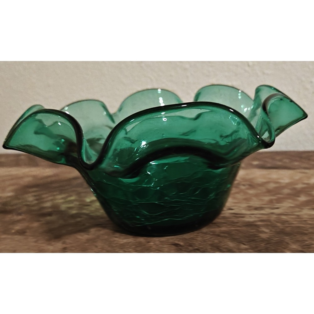 Vintage MCM Green Blenko Crackle Glass Bowl Fluted Ruffled Edge 9'